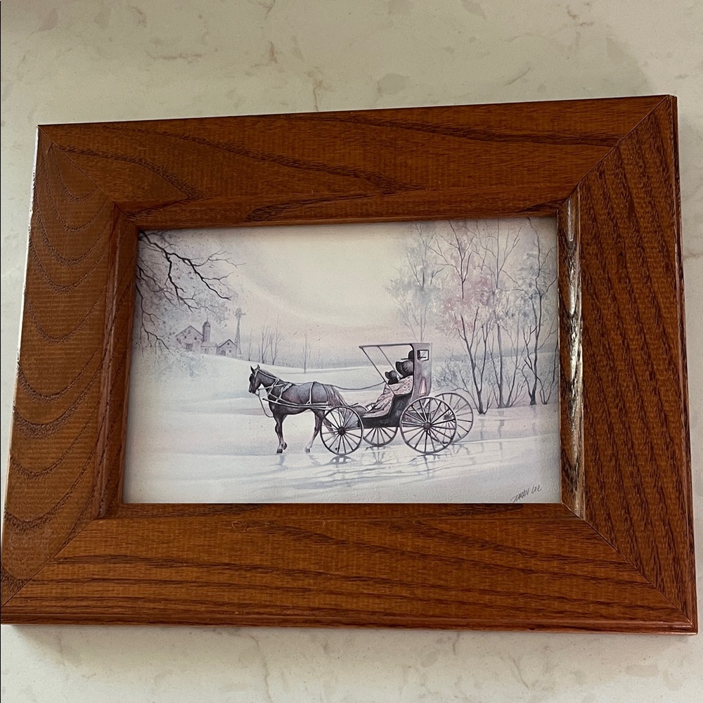 Vintage Elegant Brown Wooden Frame with Winter Amish Scene